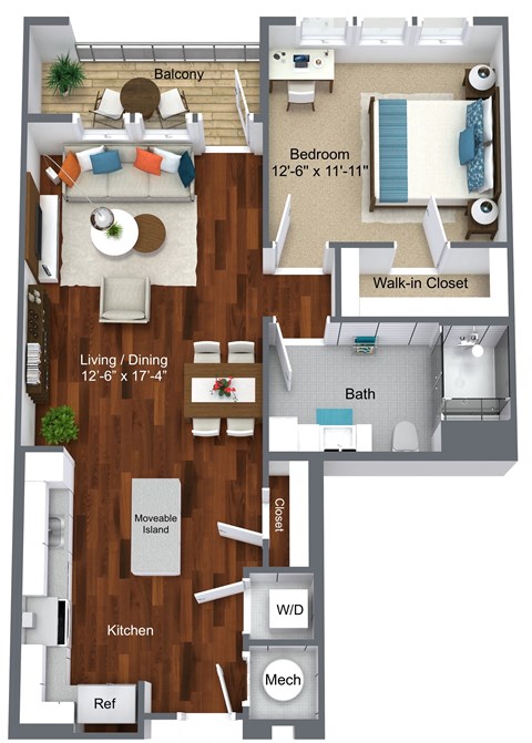Floor plan for 1 bed, 1 bath, 780 sqft